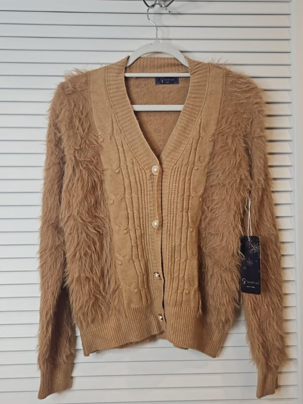 Snowflake Brown/Beige Fuzzy Cardigan Sweater – New With Tags